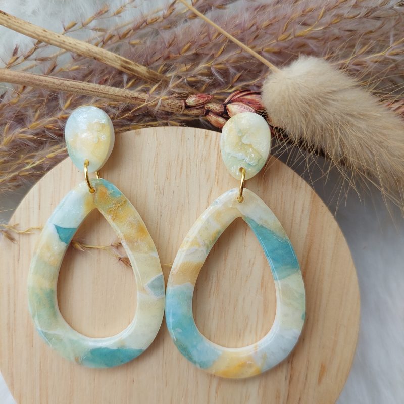 Lente polymeerklei oorbellen en 304-RVS - Hangers ovaal - Blauw en Geel