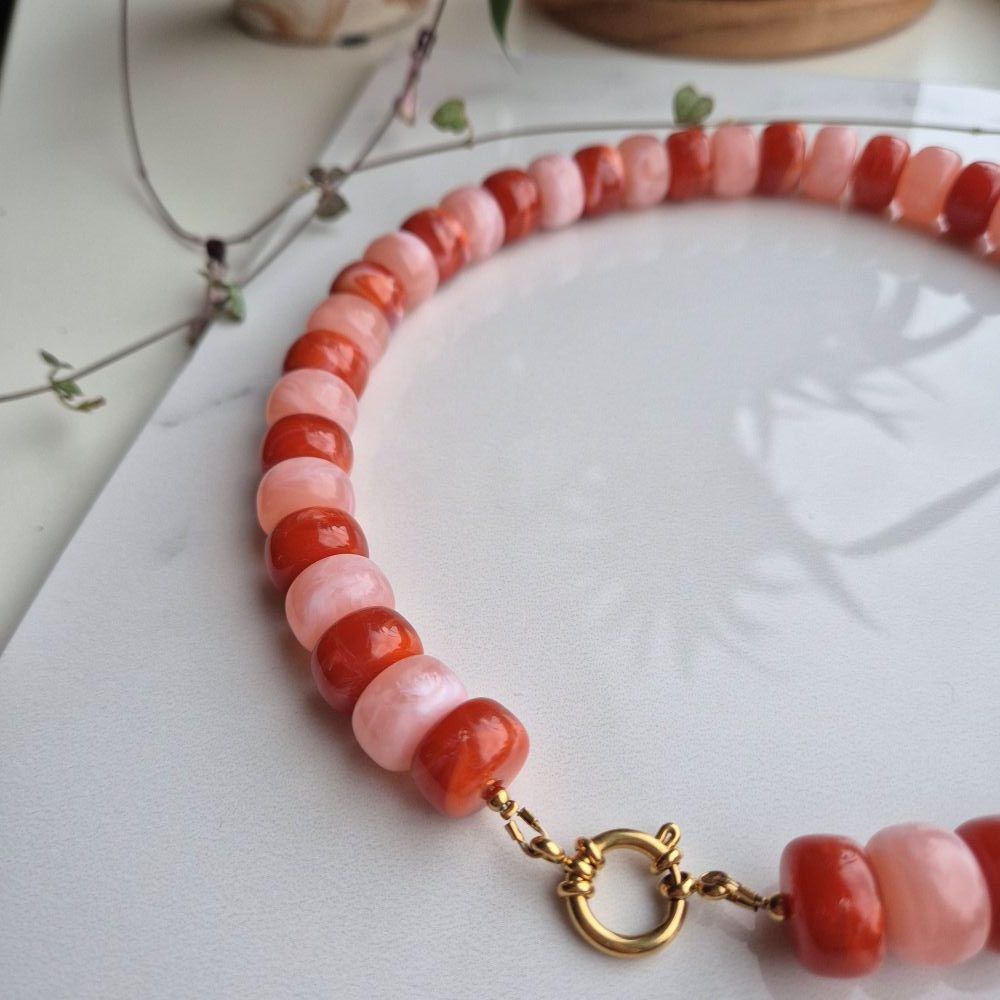 Acryl kralenketting donkeroranje en zalmroze - Afbeelding 2