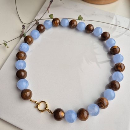 Acryl kralenketting bruin en blauw