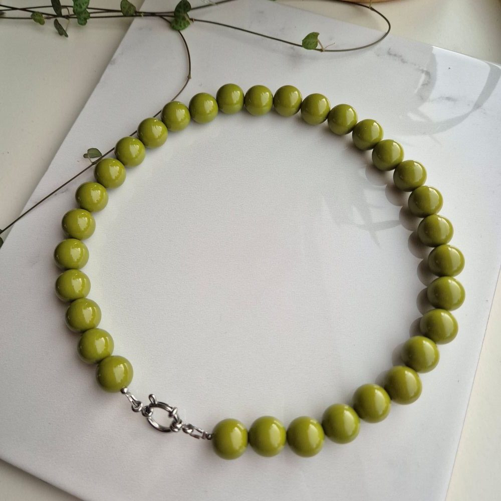 Acryl kralenketting olijfgroen (ook in zilverkleurig rvs) - Afbeelding 2