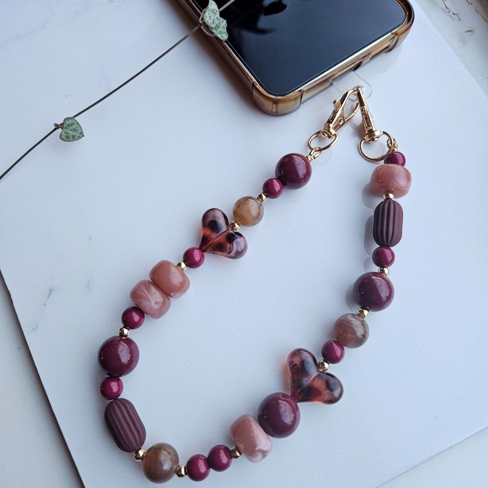 Telefoonkoord acrylkralen mix bruin/bordeaux