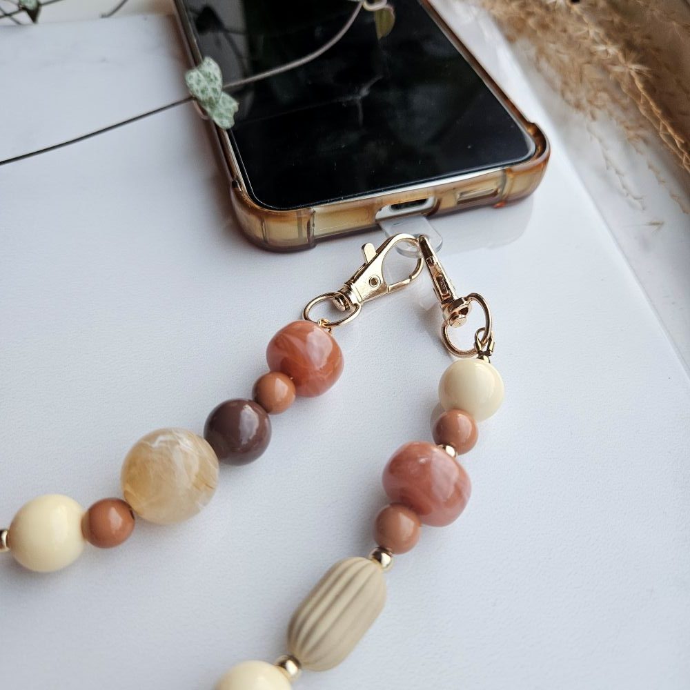 Telefoonkoord acrylkralen mix bruin/caramel - Afbeelding 2